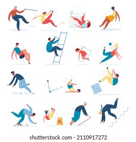 Falling down people from chair or stairs. Vector man down, people injury after drop, slip unbalance and downfall illustration