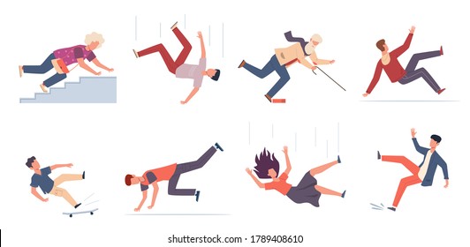 Falling down people. People of different ages stumblng and jumping down stairs, slipping wet floor, injured men, women, children vector flat cartoon isolated unbalanced characters