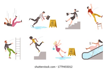 Falling Down People. Tripping On Stairs And Drop From Altitude, Slipping Wet Floor, Person Injury, Dangerous Dropping From Chair And Ladder, Accident Vector Flat Cartoon Isolated Unbalanced Characters