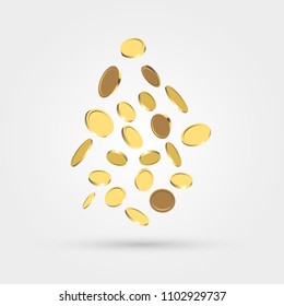 Bajando monedas de oro realistas. Claro, sin grabado. Llueve dinero en efectivo. Ilustración vectorial.