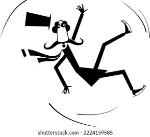 Falling down skater man illustration. 
Cartoon skater man in the top hat slipped on ice. Black on white
