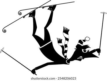 Falling down skier man. Winter sport. 
Cartoon man skiing. Black and white illustration
