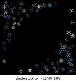 Falling down snow confetti, snowflake vector border. Winter holidays, Christmas, New Year party decoration. Ice ad frame, winter storm, sparkling trail. Funky snowfall falling snowflakes confetti
