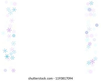 Falling down snow confetti, snowflake vector border. Winter holidays, Christmas, New Year party decoration. Textured frame, winter storm, sparkling trail. Hipster snowfall falling snowflakes confetti