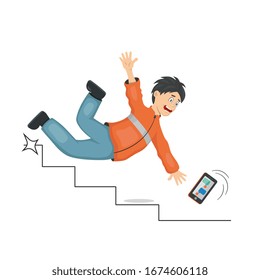 Falling down the stairs, inattentiveness, man looking at the phone. Falling on slippery floor
