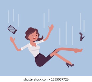 Falling down unsuccessful businesswoman, moving to fail. Life lower place or position, dismissal, removal from service, losing base, defeat in a work or contest. Vector flat style cartoon illustration