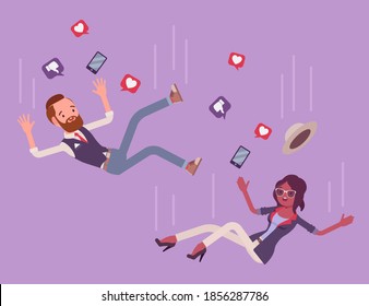 Falling down unsuccessful people, social media users, buttons. Man, woman moving to internet, computer communications dependency, using much platforms or apps. Vector flat style cartoon illustration