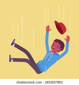 Falling down unsuccessful young black man, making mistake, failure. Guy in unfortunate incident, not achieving life goal, failed in work, study, losing support. Vector flat style cartoon illustration