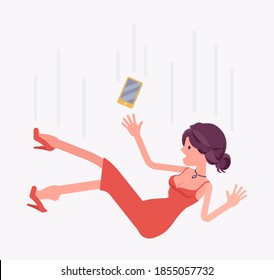 Falling down unsuccessful young woman, making mistake or failure. Damage happening or injury situation, unexpected loss, casualty, mishap for beautiful lady. Vector flat style cartoon illustration