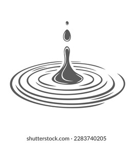 Falling drop on water surface glyph icon vector illustration. Stamp of waterdrop or tear drip flowing on top, clear water droplets fall with ring of ripples and bubbles, splash and spray motion