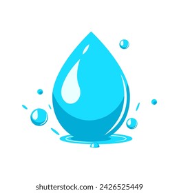 Falling drop of water, blue drop of water with splashes.