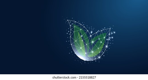 Falling drop of water with green leafs inside. Low poly style design. Abstract geometric background.