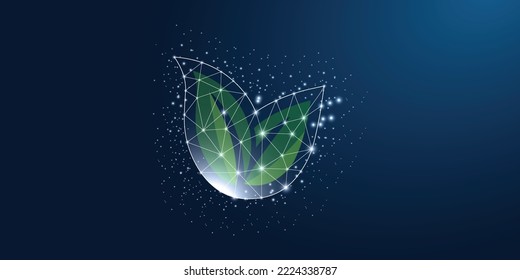 Falling drop of water with green leafs inside. Low poly style design. Abstract geometric background.