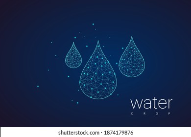 Wassertropfen fallen. Low-Poly-Design. Abstrakter geometrischer Hintergrund. Verbindungsstruktur für die Wireframe-Beleuchtung. Modernes 3D-Grafikkonzept. Einzige Vektorgrafik.