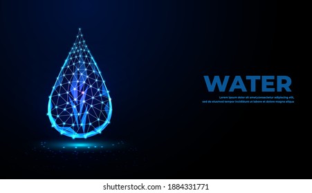 Falling drop of water. Low poly style design. Abstract geometric background. Wireframe light connection structure. Modern 3d graphic concept. Vector illustration.