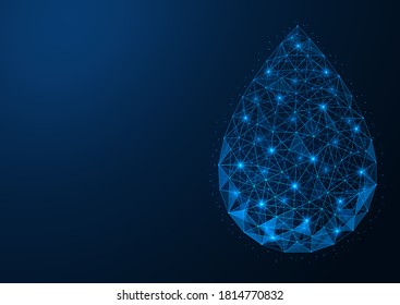 A falling drop of water. Low-poly construction of concatenated lines and dots. Blue background.