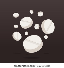 Falling Drugs or Pills, Medicine on dark background. Vector Illustration.