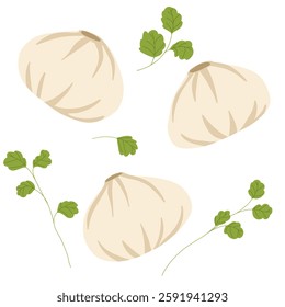 Falling dumplings and parsley. Chinese xiaolongbao food vector illustration. Dim sum print for stickers, menus, restaurant designs, web