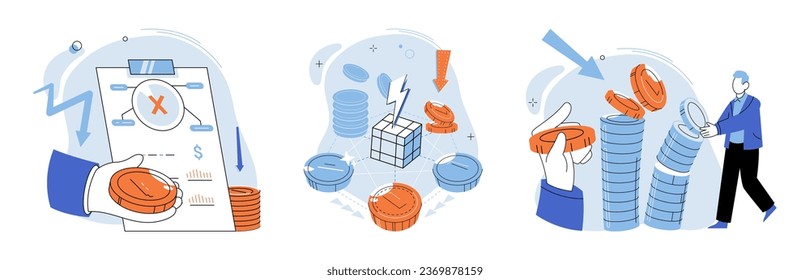 Falling economy. Vector illustration. The falling economy metaphor emphasizes need for proactive measures to prevent further deterioration Economic crises clead to decline in business confidence