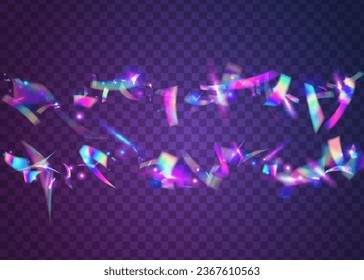 Falling Effect. Birthday Confetti. Cristal Glare. Purple Retro Background. Party Abstract Decoration. Laser Flyer. Surreal Foil. Bright Art. Blue Falling Effect