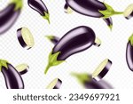 Falling eggplant isolated on transparent background. Flying whole and sliced eggplants vegetable with blurry effect. Can be used for advertising, packaging, banner, poster, print. Realistic 3d vector
