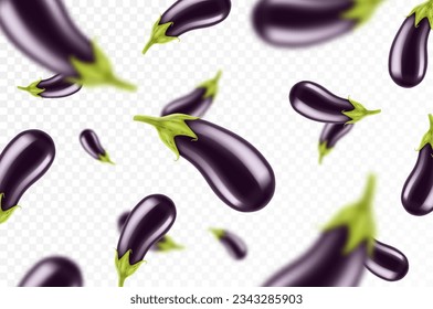 Falling eggplant isolated on transparent background. Flying whole and sliced eggplants vegetable with blurry effect. Can be used for advertising, packaging, banner, poster, print. Realistic 3d vector