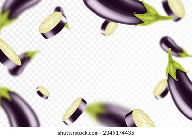 Falling eggplant isolated on transparent background. Flying whole and sliced eggplants vegetable with blurry effect. Can be used for advertising, packaging, banner, poster, print. Realistic 3d vector