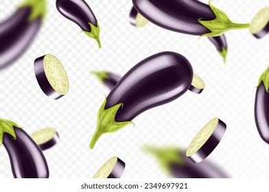 Falling eggplant isolated on transparent background. Flying whole and sliced eggplants vegetable with blurry effect. Can be used for advertising, packaging, banner, poster, print. Realistic 3d vector