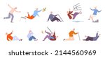 Falling elderly people. Dizzy senior fall down on floor, old person slip stumble flooring falling, injury accident elder man fracture risk falls grandmother, splendid vector illustration