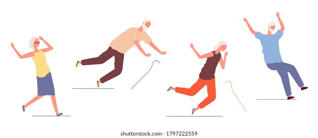 Falling elderly people. Old woman man stumble and slip. Dangerous trauma of seniors, healthcare and safety. Traumatic accident isolated characters vector illustration