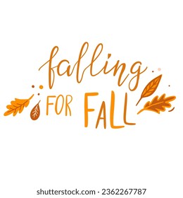 Falling for fall, hand lettered saying, quote about autumn with cute yellow leaves