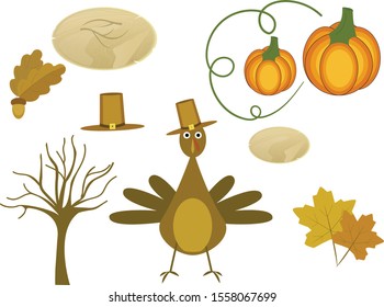 Falling fall leaves, harvest design. wooden round things.Illustration autumn thanksgiving, pumpkin and leaf tree without leaves