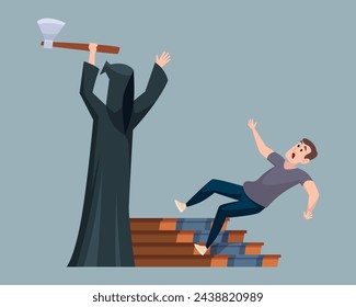 Falling from fear man falling on stairs when watching death with axe vector concept pictures