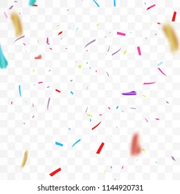 Falling Festive Colorful bright Confetti And Ribbon isolated on Transparent background. vector illustration 