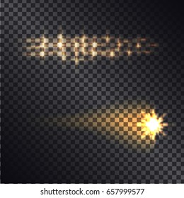 Falling fiery comet and distant shining stars realistic light effects on transparent background. Flashes and blinding star vector illustrations for science or magic concepts
