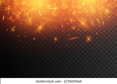 Falling fiery sparks. Glowing particles. Vector effect with transparency. 