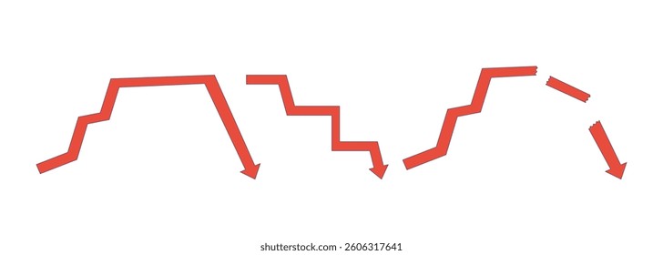 Falling financial arrows jagged downward 2D cartoon objects set. Economic decline, crisis, market volatility. Recession isolated elements flat vector clip arts on white. Spot illustrations collection