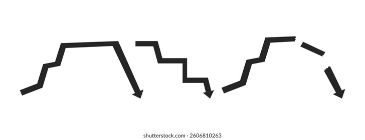 Falling financial arrows jagged downward 2D ink filled objects set. Economic decline, market crisis. Recession isolated cliparts vector black and white items. Monochrome spot illustrations collection