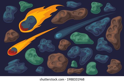 Falling Fireball, Different Space Stones Vector Illustration Set. Asteroids, Meteorites, Meteoroids, Meteors, Moon Craters Cartoon Collection. Space Objects, Astronomy Concept