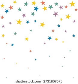 Iconos coloridos de estrellas de cinco puntos que caen. Una disposición de símbolos en forma de estrella dispersos, de diferentes tamaños, de colores del arco iris.