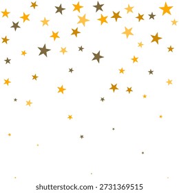 Iconos de oro estrella de cinco puntos que caen. Una disposición de símbolos en forma de estrella dispersos de diferentes tamaños.