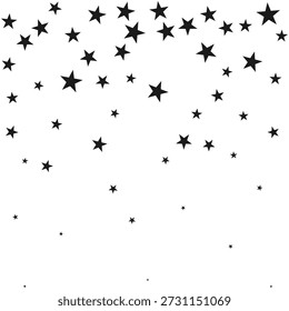 Iconos de silueta de estrella de cinco puntos que caen. Una disposición de símbolos en forma de estrella dispersos de diferentes tamaños.