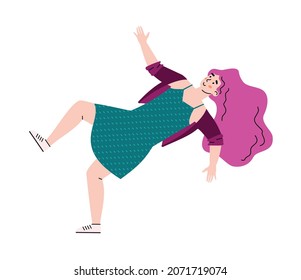 Falling or floating in the air woman cartoon vector illustration isolated on white background. Cartoon character of inspiring woman flying in zero gravity in the sky.