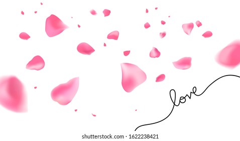 Falling floating romantic pink petals with handwritten text saying love creating romantic atmosphere