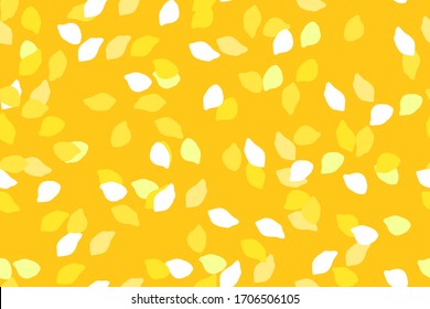Falling floral or fruit trees petals in yellow background. Light lemon, yellow, white colors petals gliding in the air.  Rings petals. Early spring, summer in the outdoors. Seamless pattern. Vector