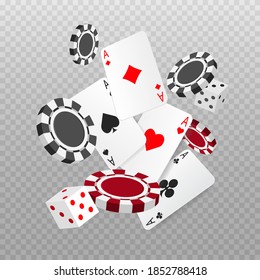 Falling or flying aces poker cards, playing chips and dice. Playing card. Casino advertising banner. Vector illustration isolated on transparent background.