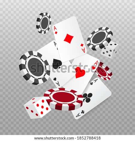 Falling or flying aces poker cards, playing chips and dice. Playing card. Casino advertising banner. Vector illustration isolated on transparent background.