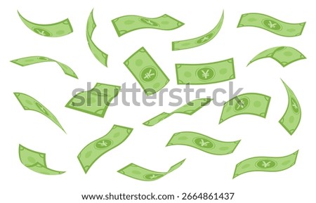 Falling and flying Chinese yuan banknotes, flat vector illustration of renminbi money bills, green paper notes on white background, perfect for finance, economy, and investment design