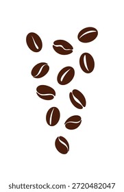 Falling, flying coffee beans on a white background, vector illustration, flat design. Coffee composition for design, cover, label, design. Decorative element of a morning drink, energy