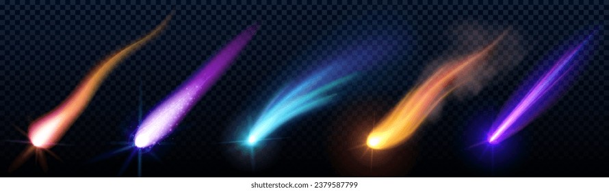 Falling or flying comet or meteor with colorful dust and smoke trail with light glowing effect. Realistic vector illustration set of space object or rocket motion vfx with fireball and steam tail.